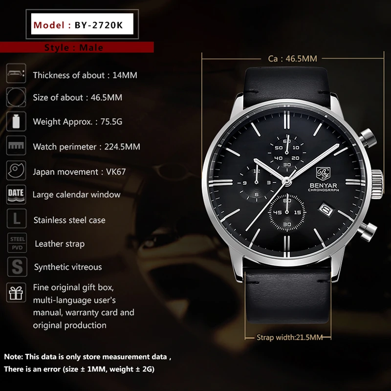 Kvarco vyriški laikrodžiai BENYAR top brand prabangių verslo laikrodis vyrų mados laikrodį sporto Odos chronograph Relogio Masculino