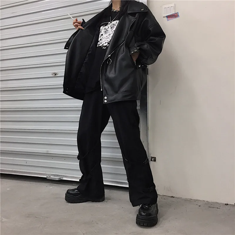 IEFB /vyriški drabužiai 2021 pavasario mados naujų streetwear Black PU Odos negabaritinių Striukė Prarasti Užtrauktukas korėjos hip-hop kailis 9Y1188
