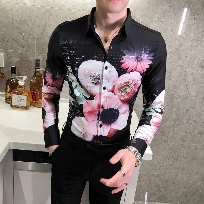 Britų Stilingas Gėlių Marškinėliai Vyrams Drabužius 2020 M. Rudenį Naujų ilgomis Rankovėmis Vyrams, Atsitiktinis Marškinėliai Balti Slim Fit Club Prom Smokingas 3XL