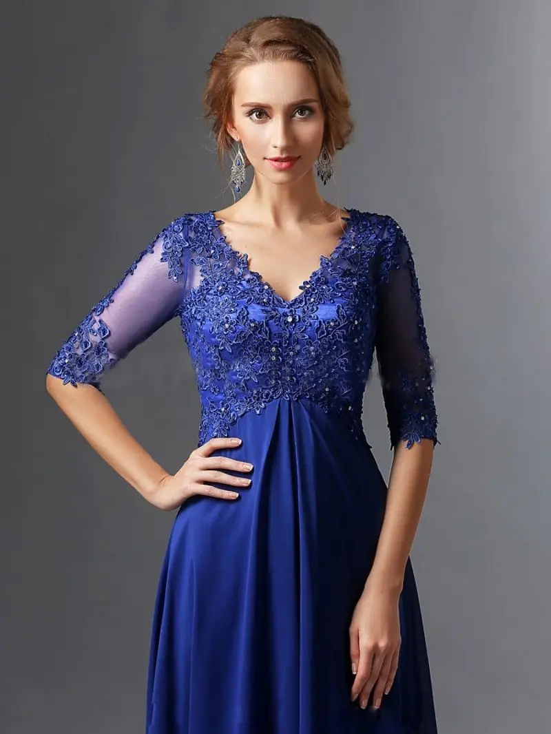 Plus Size Royal Blue 2018 Motina Nuotakos Suknelės-line V-kaklo Pusę, Šifono Rankovėmis ir Nėrinių Ilgas Elegantiškas Jaunikis Mamos Suknelės
