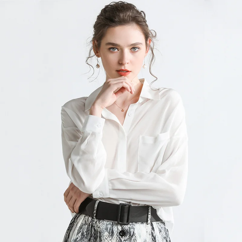 Naujas stilius nekilnojamojo šilko lady marškinėliai kaip 14mm mulberry šilko overshirt moterų vientisa spalva balta ilgomis rankovėmis palaidinė moteris paprastas viršų