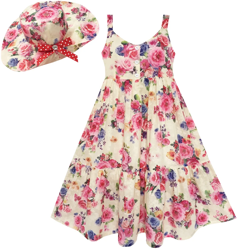 Mergaičių Dress Pilno Ilgio Gėlių su Skrybėlę Gėlių Rožinė 2020 Metų Vasaros Princesė Vestuvės Suknelės Vaikams Drabužių Inscenizacija Sundress