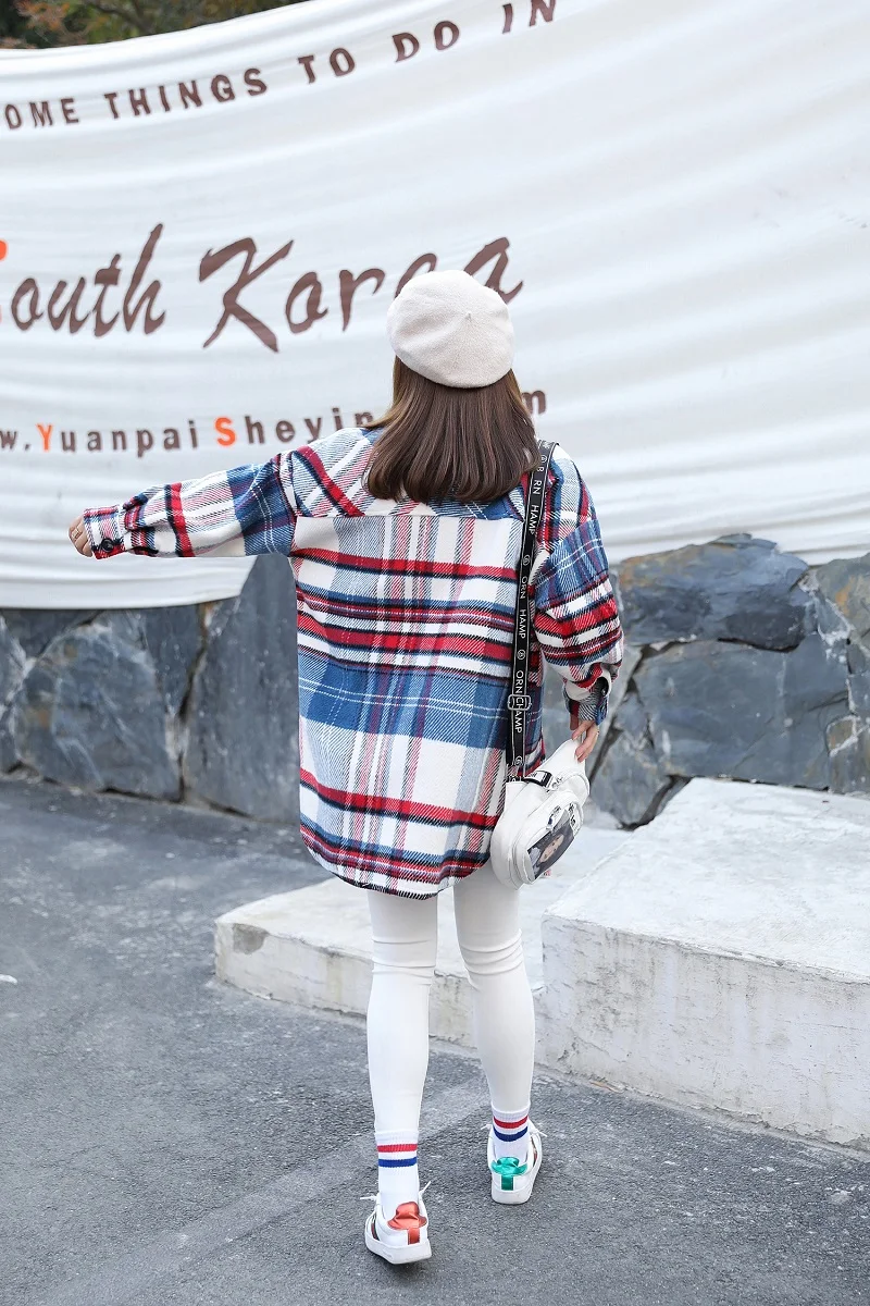 Korėjos Stiliaus Atsitiktinis Palaidų Visą Rankovėmis Pledas Kišenės Plius Dydis XL-4XL Moterims Palaidinės 2020 M. Rudens Žiemos Naujas populiariausi Lady Marškinėliai