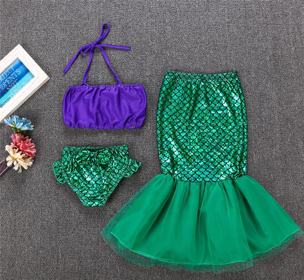 Vasarą 3 Gabalas Bikini Little Mermaid Princess Maudymosi Kostiumėlį Mergina Kostiumas Perukas Karoliai Vaikai Šalis Suknelė Suknelė Vaikas Paplūdimio Atostogų Suknelė