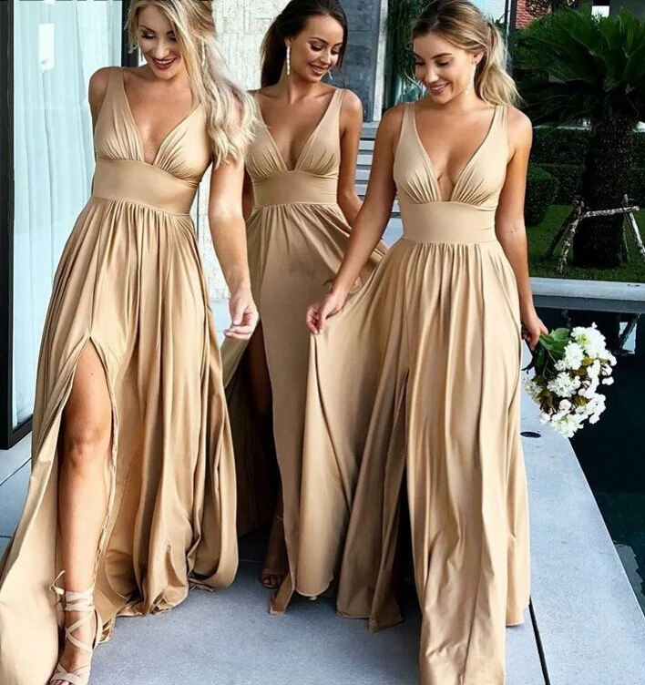 Seksualus Pusės Split V-kaklo, Šampano, Aukso Bridesmaid Dresses Ilga Elegantiška Suknelė Moterims Vestuves Plius Dydis Bridesmaid Dresses