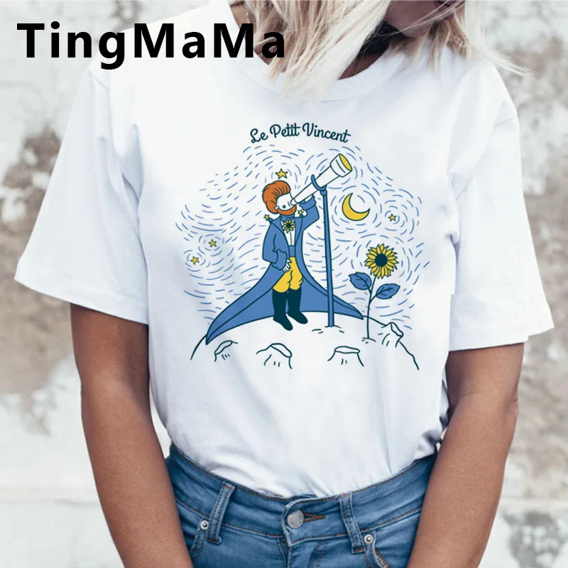 Estetinės Van Gogh Marškinėliai Moterims Kawaii Animacinių filmų Mielas Grunge T-shirt, Derliaus Žvaigždėtą Naktį Grafinis Tees Ulzzang Streetwear Moteris