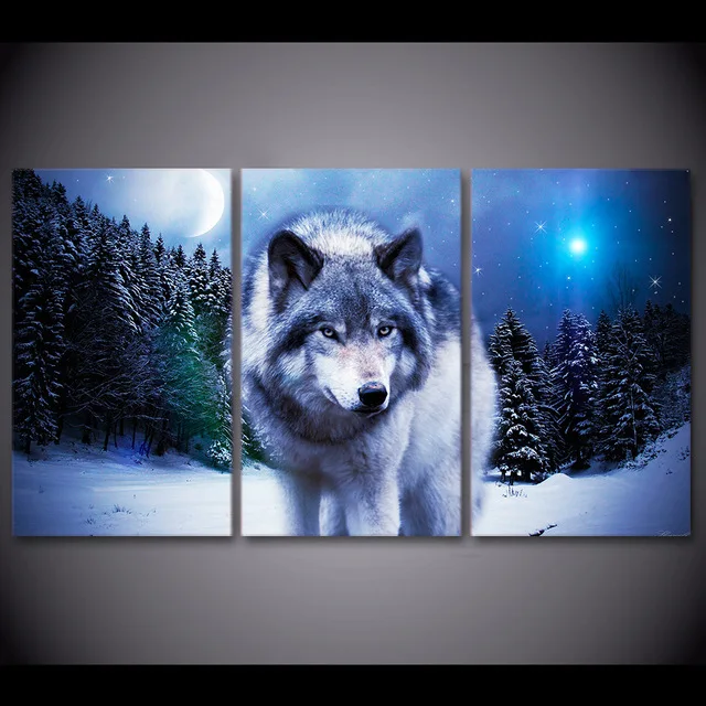 Artryst Šiuolaikinės Tapybos Sienos Menas Nuotraukų Rėmelis Kambarį Dekoro 3 Vnt Snow Wolf Moon Tapybos HD Spausdinti Miško Gyvūnų Plakatas