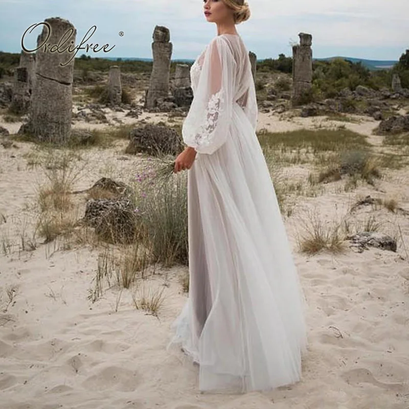 Ordifree 2021 M. Vasarą Moterys Ilgai Tiulio Suknelė Ilgomis Rankovėmis Siuvinėjimo Balta Maxi Tunika Paplūdimio Suknelė