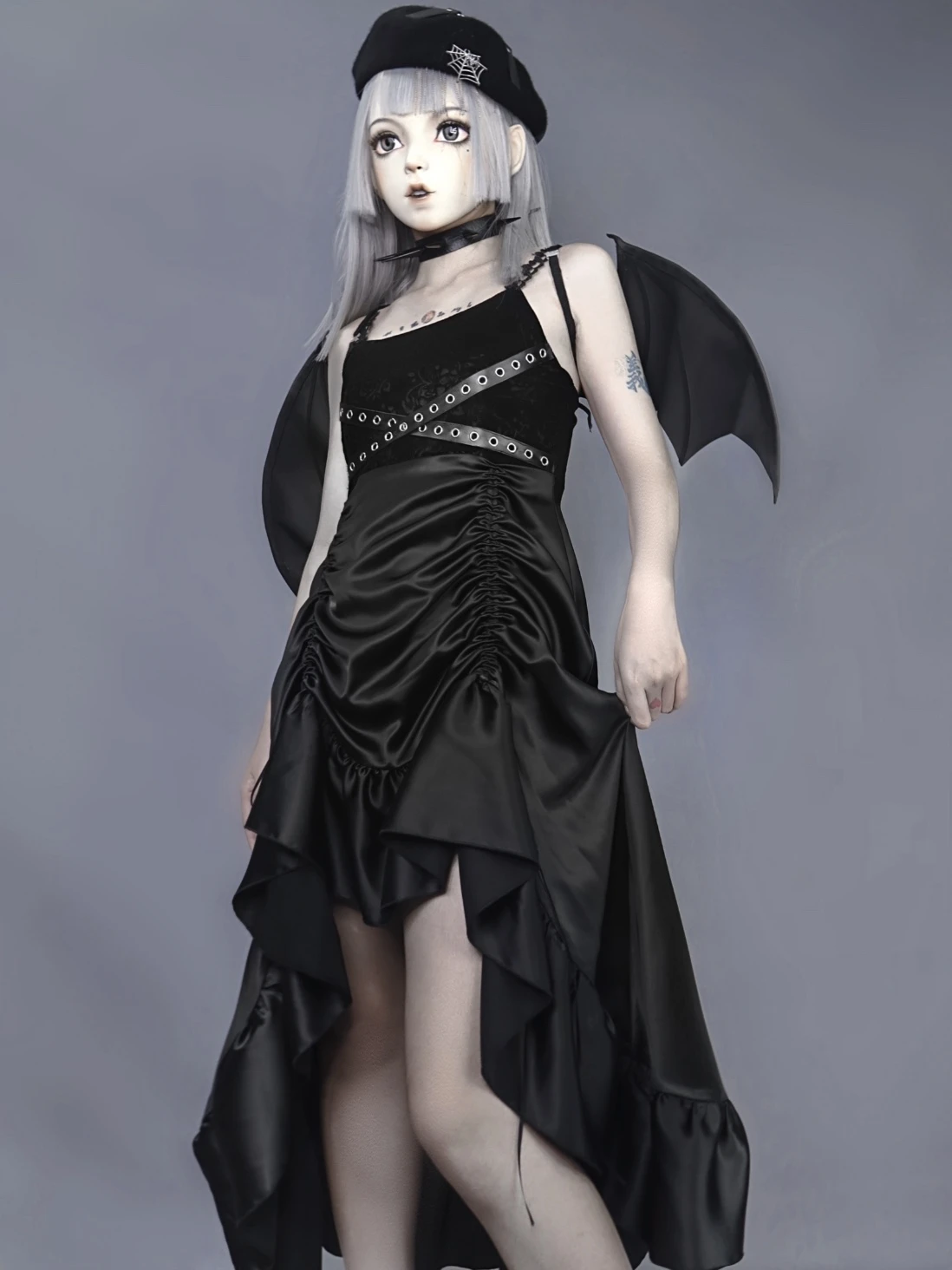 Originalaus Dizaino Helovinas Kostiumas Gotikos tamsiai black PU odos diržas Satino raišteliu dviejų dalių asimetrinė suknelė moterims