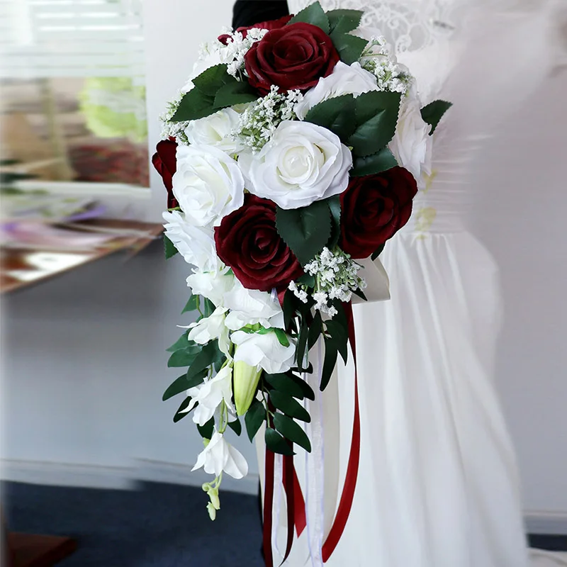 Netikrų Gėlių Puokštė Dirbtinis Bordo Baltos, Raudonos Puokštės Gėlių Brides Rose Vestuvių Gėlės, Vestuvių Puokštės