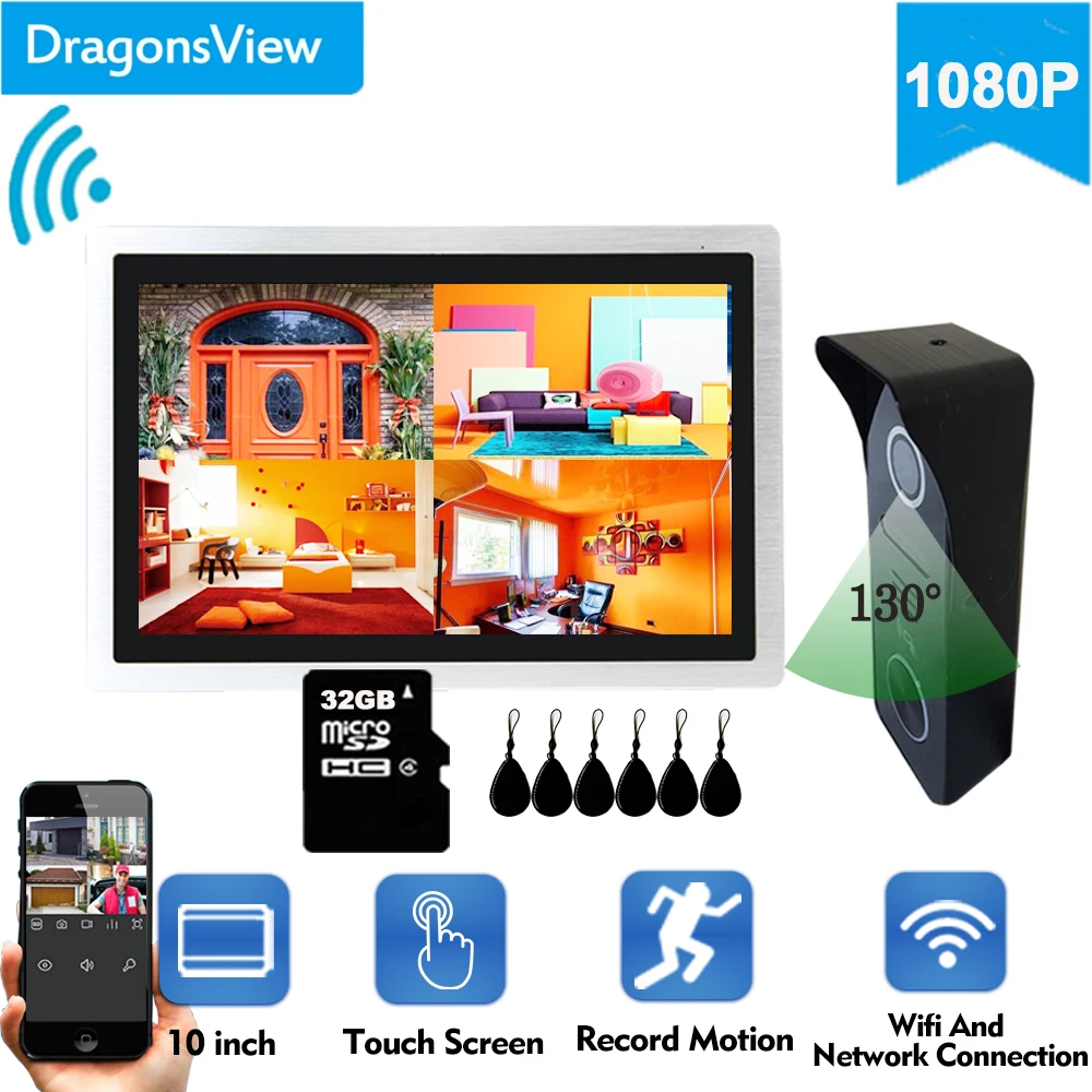 Dragonsview IP Vaizdo Durys, Telefonas, Belaidis Wi-fi, Video Domofonas 10inch 1080P Smart Doorbell Kamera RFID Kortelę Atrakinti Įrašyti