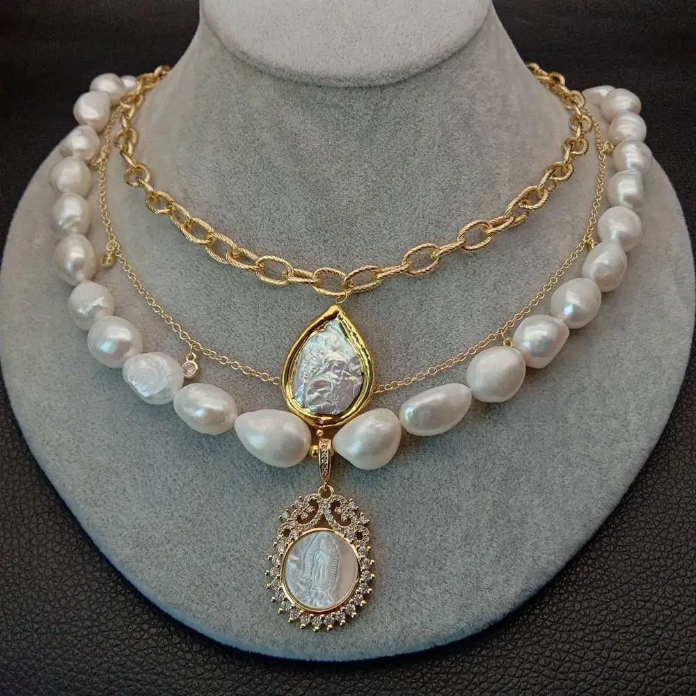 Gėlavandenių Baltųjų Baroko Perlas Grandinės Sluoksniuotos Perlų Karoliai Mop Žavesio