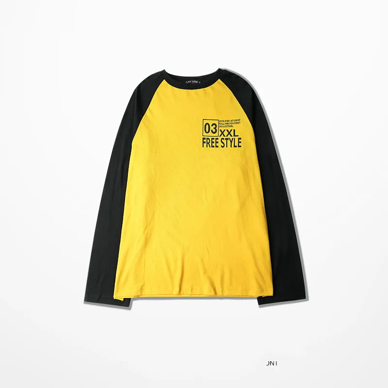 Naujas Atvykti Rudenį Long Sleeve T Shirts kaitaliojasi Su Juodos Ir Geltonos spalvos GD Stiliaus Pietų Korėja Harajuku Mados Ilgi marškinėliai