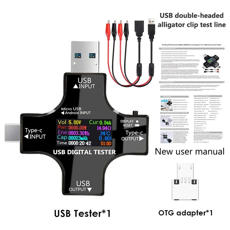 USB C Testeris,2 in 1 C Tipo USB Testeris Spalvotas Ekranas IPS Skaitmeninis Multimetras,Įtampa,Srovė,Galia,Atsparumą,Temperatūrą,su Clip