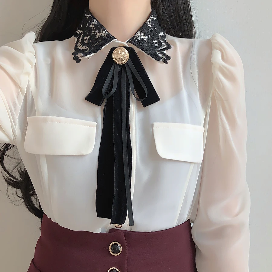 Rudenį Naujas Elegantiškas Moterų Viršūnių nėrinių susiuvimo Šifono palaidinė peteliškę ilgomis rankovėmis Office lady marškinėliai Blusa