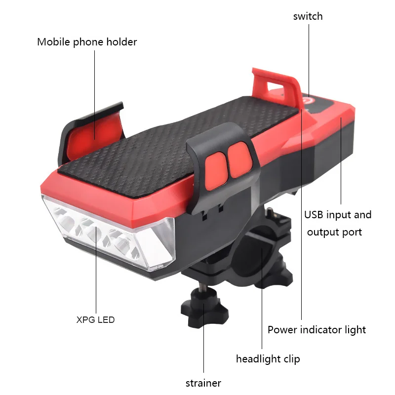 4 in 1 Dviračio Priekinės Šviesos Žibintuvėlis USB Dviračio Ragų Lempa, 4 Režimai Telefono Turėtojas Powerbank Dviračių Žibintų Lanterna 2400/4000mAh