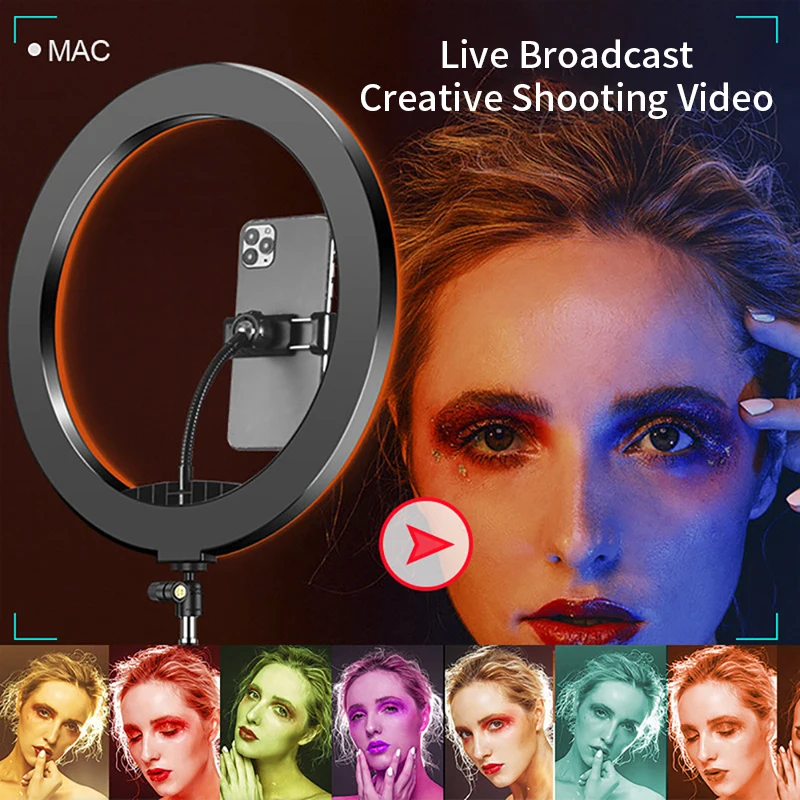33cm Spalvinga RGB Šviesos Žiedas Su BluetoothRemote Trikojis Stovas Telefono Įrašą Gyventi Pritemdomi Vaivorykštė Selfie Lempos Apšvietimo Fotografija