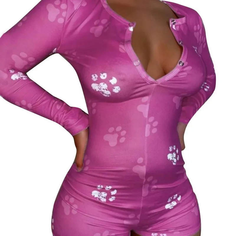 2020 Seksualus Moteriški Sleepwear Jumpsuit Bodysuit V-kaklo Bodycon Šortai Romper Bodysuit Leotard ilgomis Rankovėmis Atspausdintas Mygtuką Bodysuit