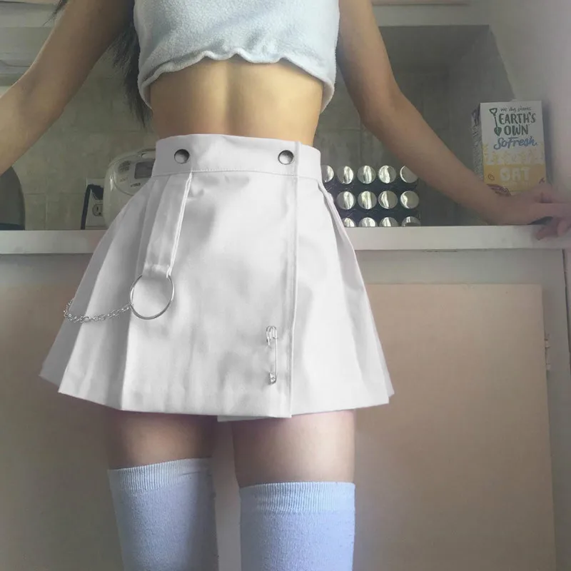 Balta Geležinės Grandinės Klostuotas Sijonas Derliaus Metalo Žiedas Lolita Juoda Aukšto Juosmens Mini Femme Kawaii Sijonai Atsitiktinis Faldas Mujer Moda 2020 M.