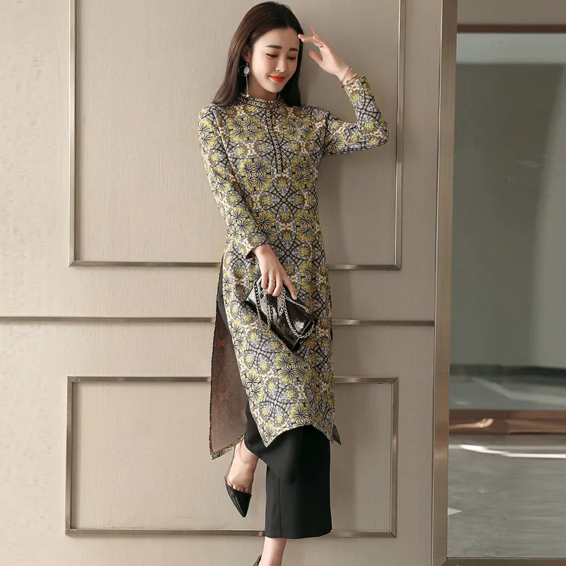 Nacionalinės stilius, spausdinta suknelė rudenį 2018 nauja, moterų ilgas moterų pavasario Kinų stiliaus užimantys temperamentas sijonas