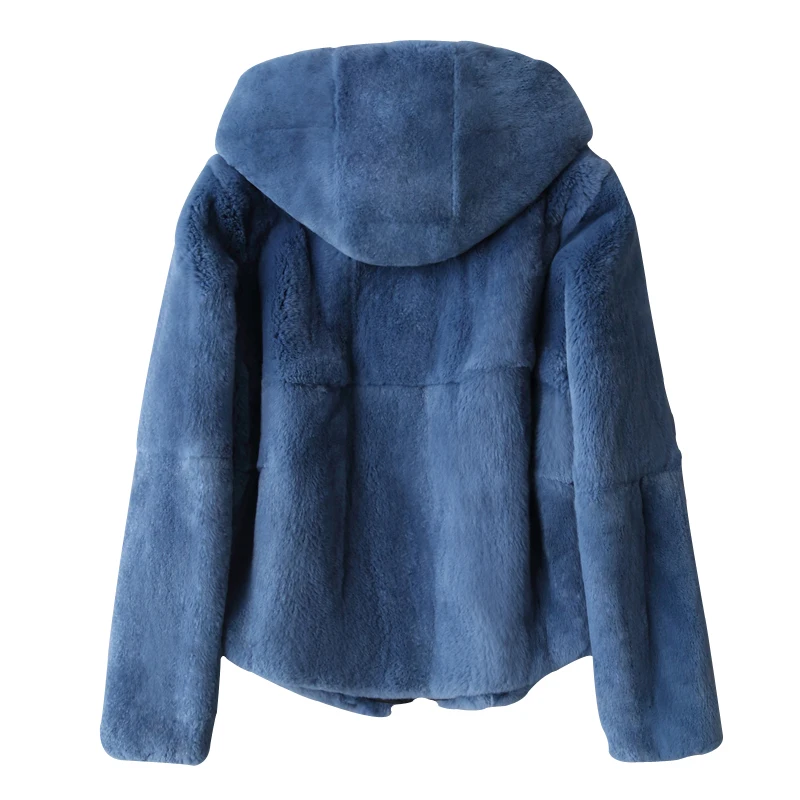 2019 visą odos Rex nekilnojamojo kailių paltai moterims žiemos viršutiniai drabužiai, paltai trumpą gobtuvu Slim korėjos versija