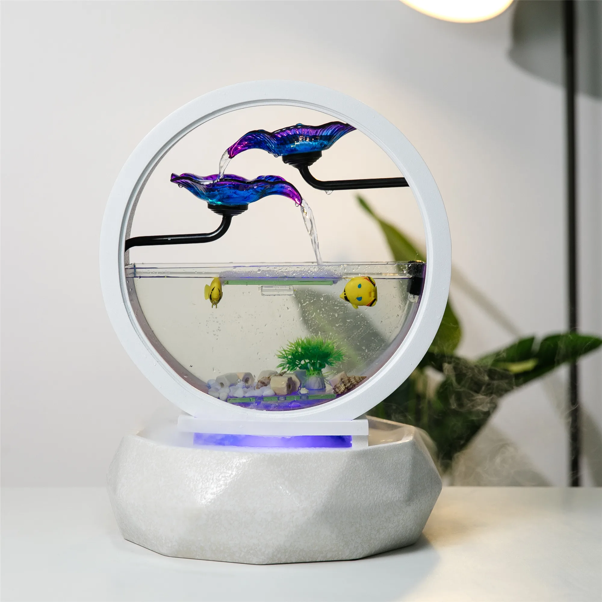 Kūrybiškumo Lentelės Viršuje Fontanas Mažų Žuvų Bakas Apvalios Baltos Stiklo Akvariumas Patalpų Office 