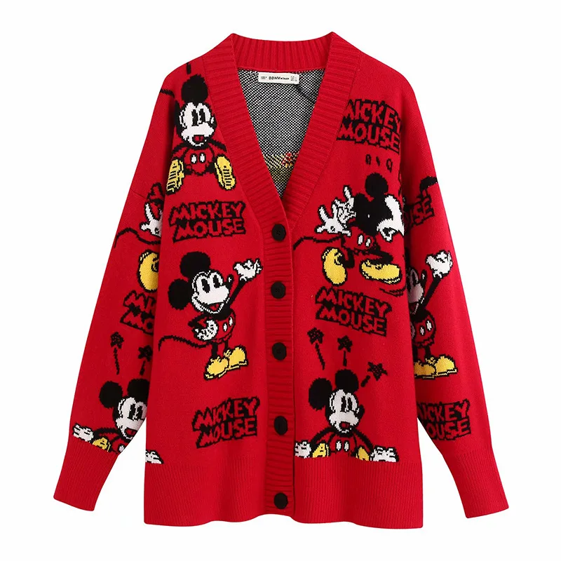 Disney Stilingas Mickey Mouse Animacinių filmų Spausdinti V-Kaklo Megztinis Single-breasted Streetwear Moterų Megztinis, Baltos spalvos Megztinius ilgomis Rankovėmis Viršų
