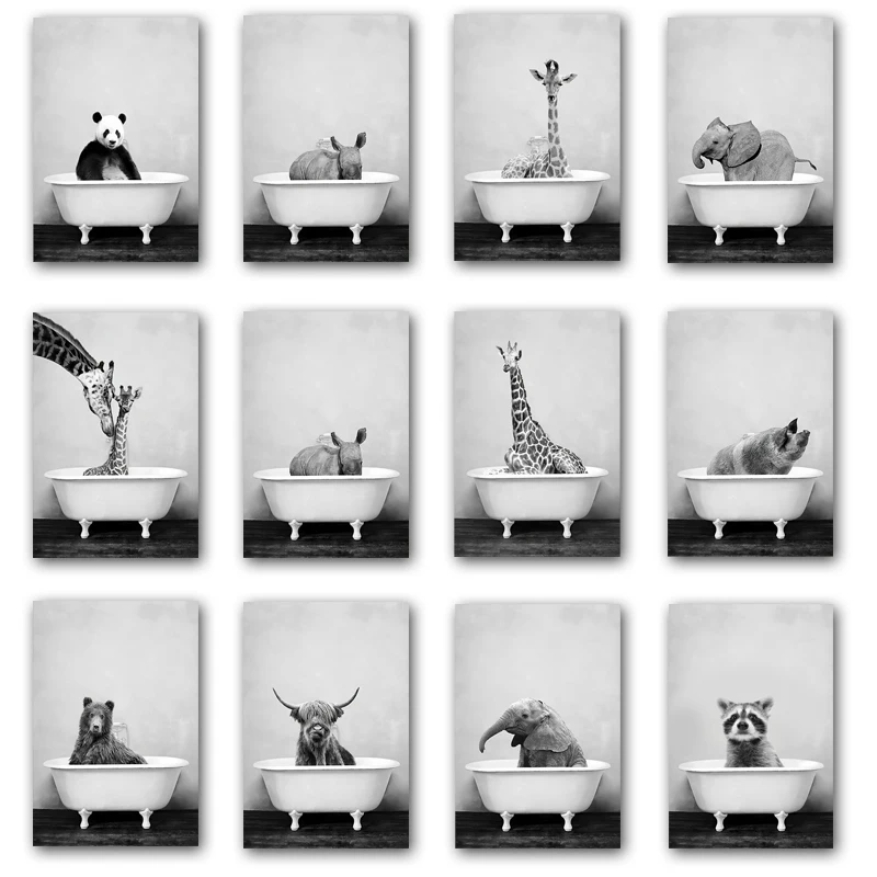 Abstrakti Gyvūnų Vonia Maudymosi Plakatas Dramblys Ir Žirafa Šiaurės Šalių Sienos Menas Spausdinti Nuotrauką Drobė, Tapyba Kambarį Apdaila
