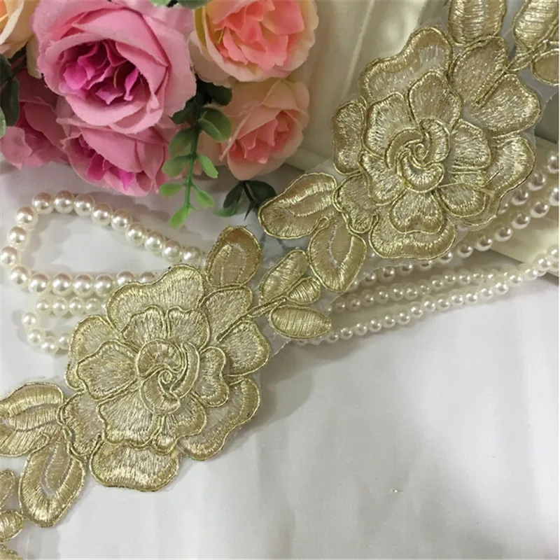 Subtilus 5Yard Vestuvių Suknelė Cording Nėrinių Aplikacijos Aukso Siūlų Siuvinėjimai Nėrinių Priedai Apdaila LJ0014