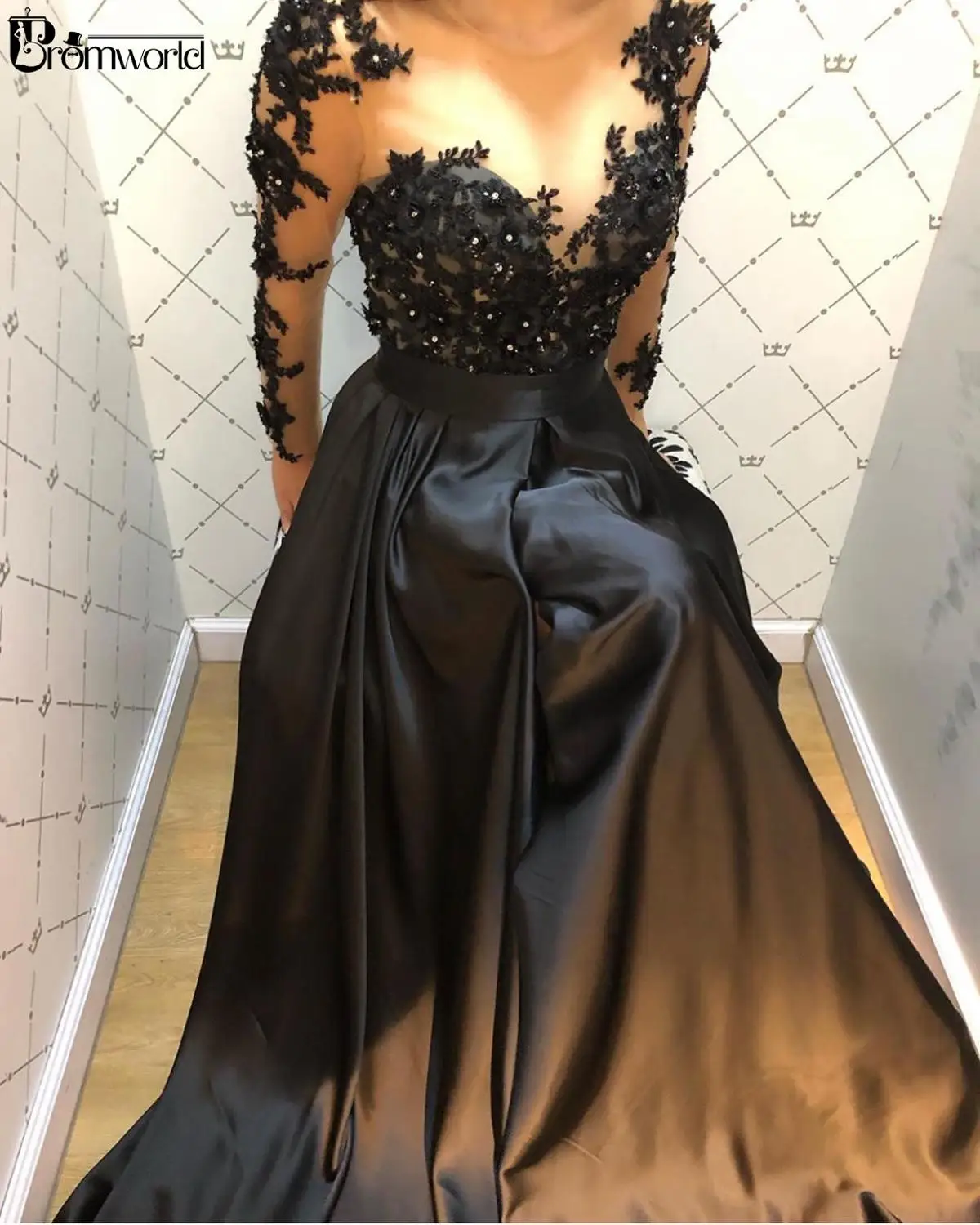 Elegantiškas-Line Ilgomis Rankovėmis Vakaro Suknelės 2020 Juoda Formalią Suknelę Rankų Darbo Gėlės Crystal Satin Nėriniai Moterų Vakare Chalatai
