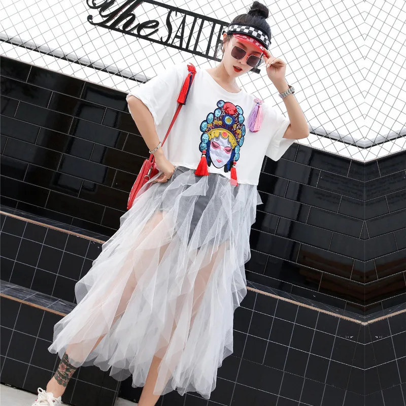 2019 Vasaros Naujoji Banga prekės Pekino Operos Kaukė China Siuvinėjimo T-shirt Moterų ilgų palaidų trumparankoviai tinklelio suknelė