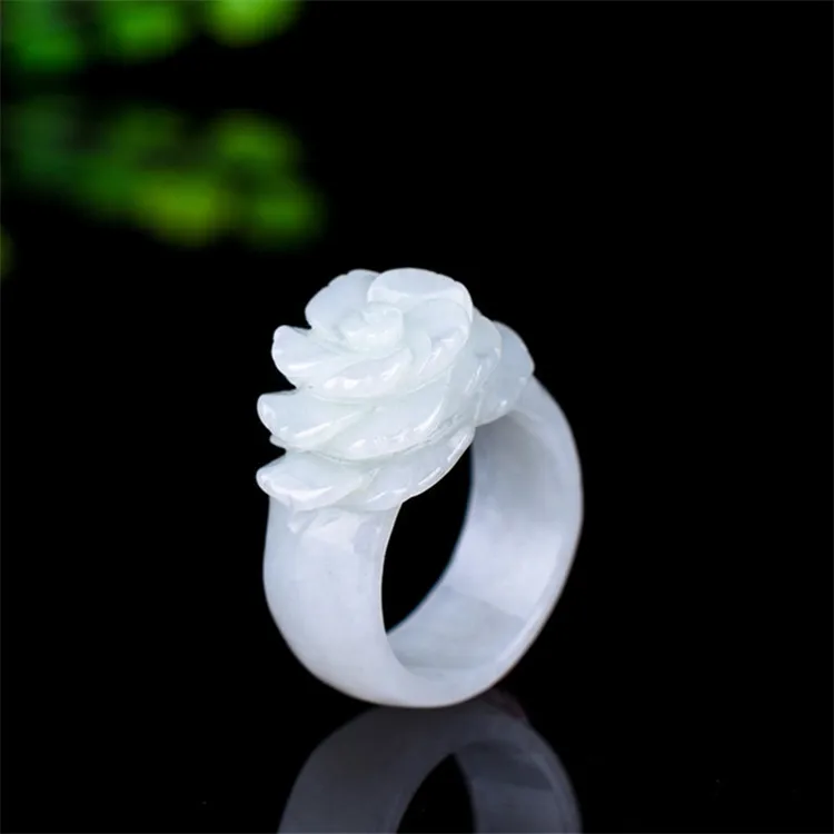 Natūralus Baltas Jade Smaragdas Išaugo Gėlė, Žiedas Vertus-Carced Kinijos Žavesio Papuošalai Dovanos Moterims