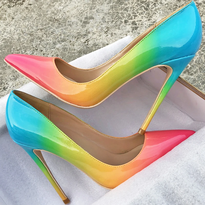 Moterų aukštakulniai smailianosiai kojų seksualus stiletto kulniukai, pink, blue rainbow mišrios spalvos 12 cm siurbliai, batai, plius dydis QP030 ROVICIYA