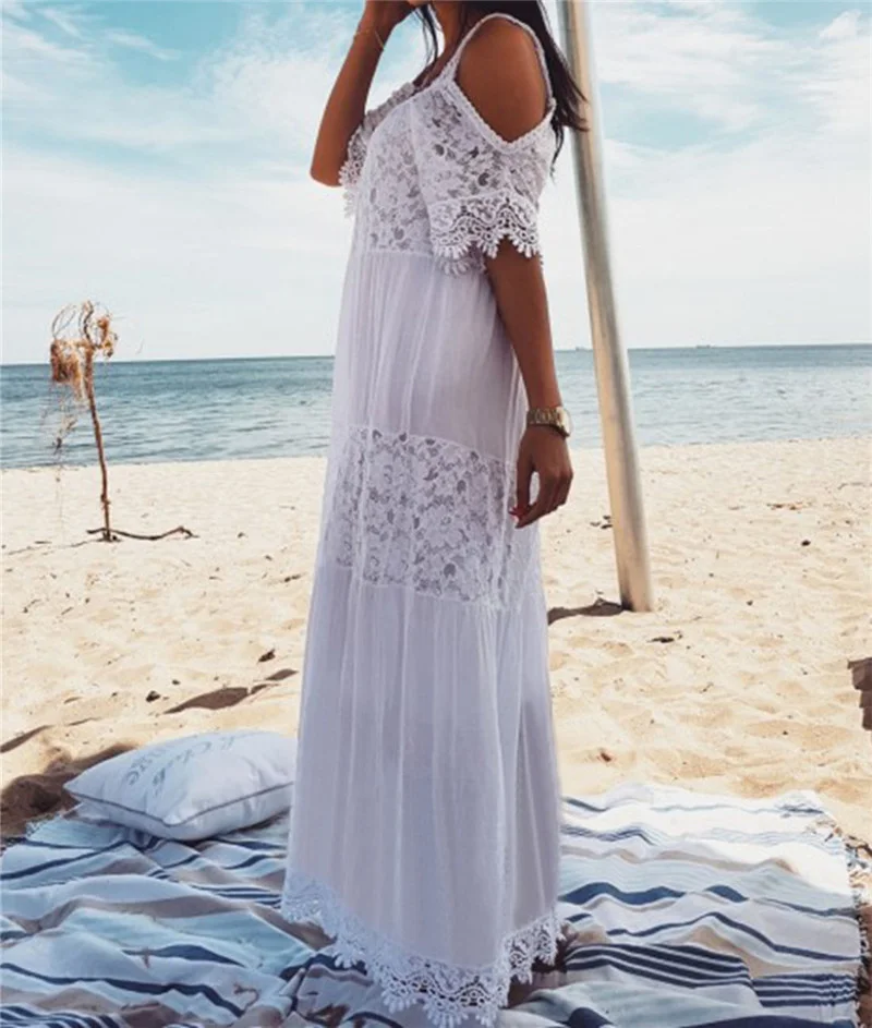 FORERUN Balta Nėrinių Suknelė Moterims Vasaros Suknelės Bohemijos Šalto Pečių Ilgio Paplūdimio Tunika Skraiste Longue Femme Ete