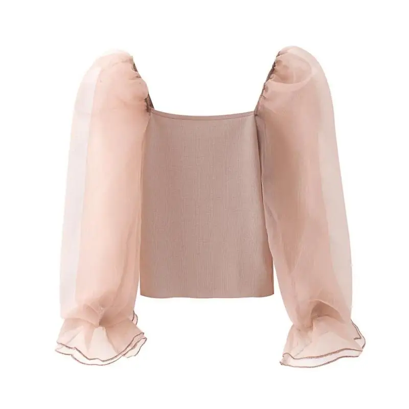 Naujas Moterų elegantiškas organza sluoksniuotos rankovėmis kratinys megzti atsitiktinis smock palaidinukė ponios prašmatnus aikštėje apykaklės feminina marškinėliai, topai