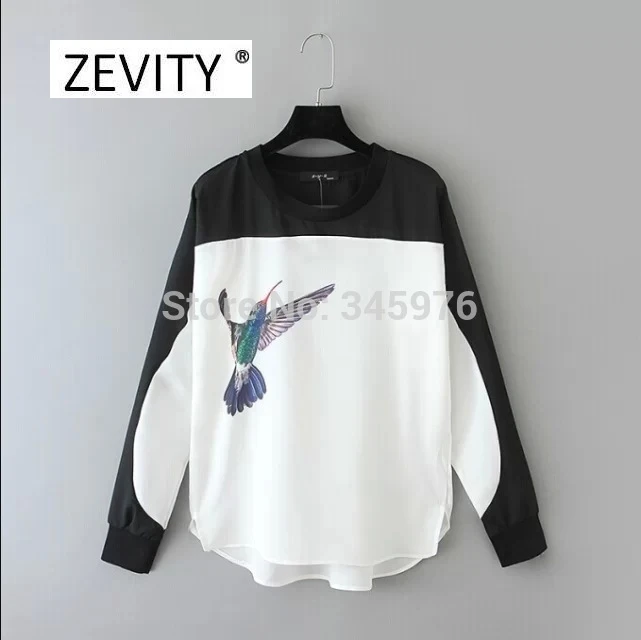 Zevity moterų atsitiktinis apvalios apykaklės juoda ir balta kratinys palaidinė retro paukščių spausdinti puloveris pigūs marškinėliai blusas