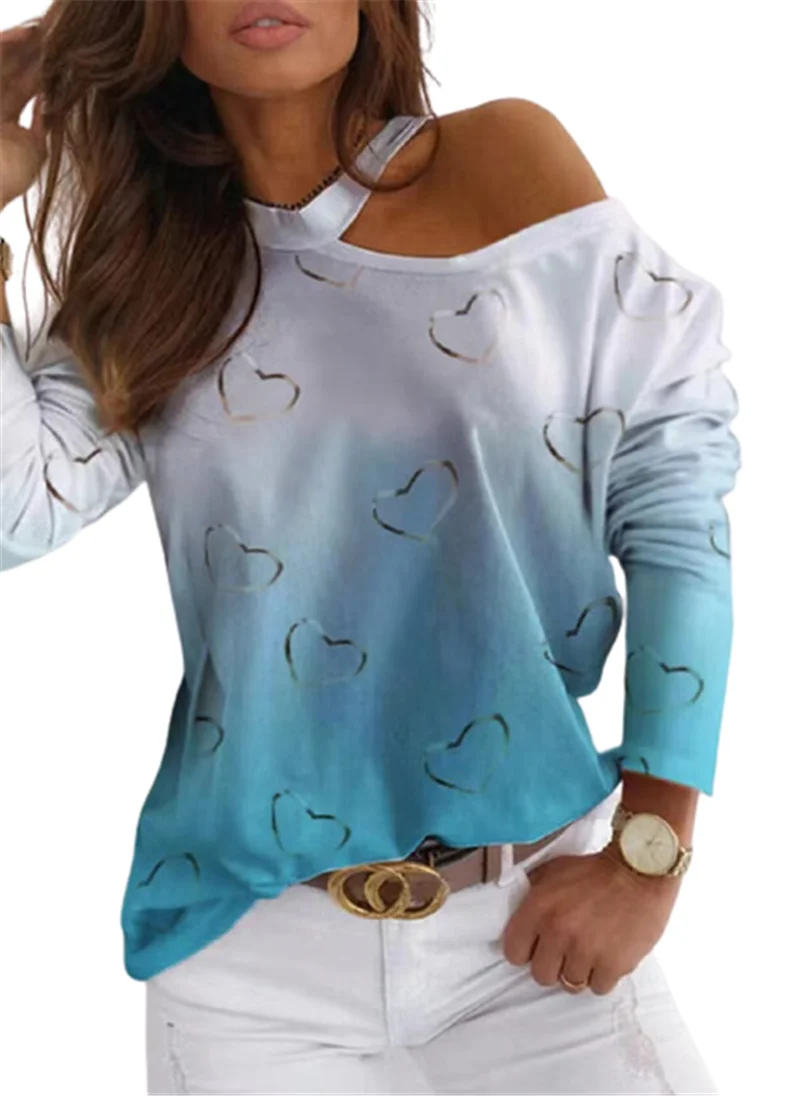 Elegantiška Mėlynos spalvos Gradientas Širdies Print T-shirt Moterims Seksualus Peties Tuščiaviduriai Iš Long Sleeve Top 2021 M. Pavasario Rudens Mados Gatvė Tees