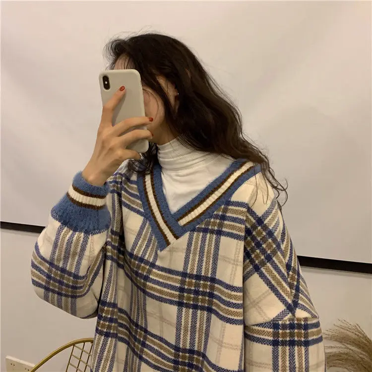 Negabaritinių marškinėlius Rudens žiemos korėjos stilių kontrasto pledas prarasti V-kaklo, plius aksomo ilgomis rankovėmis megztinis moteriška viršūnės
