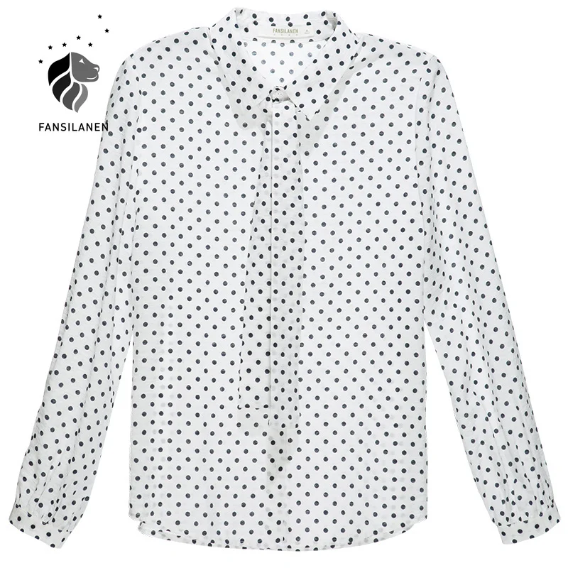 FANSILANEN Polka dot ilgomis rankovėmis seksuali palaidinė marškinėliai Moterims office lady elegantiški baltos spalvos marškinėliai Moteriška pavasario korėjos stilius derliaus viršų
