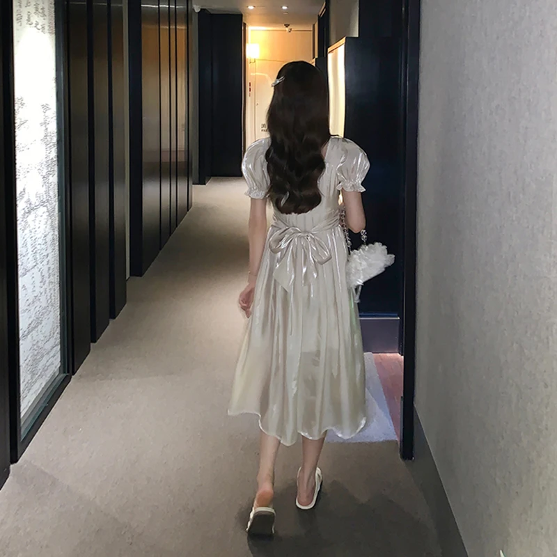 Japonų mados Moterų Vasaros Apykaklės Sluoksniuotos Rankovėmis Plisuotos Aukšto Juosmens Nėriniai-up Slim baltos perlamutro Blizgesio Plečiama lolita dress