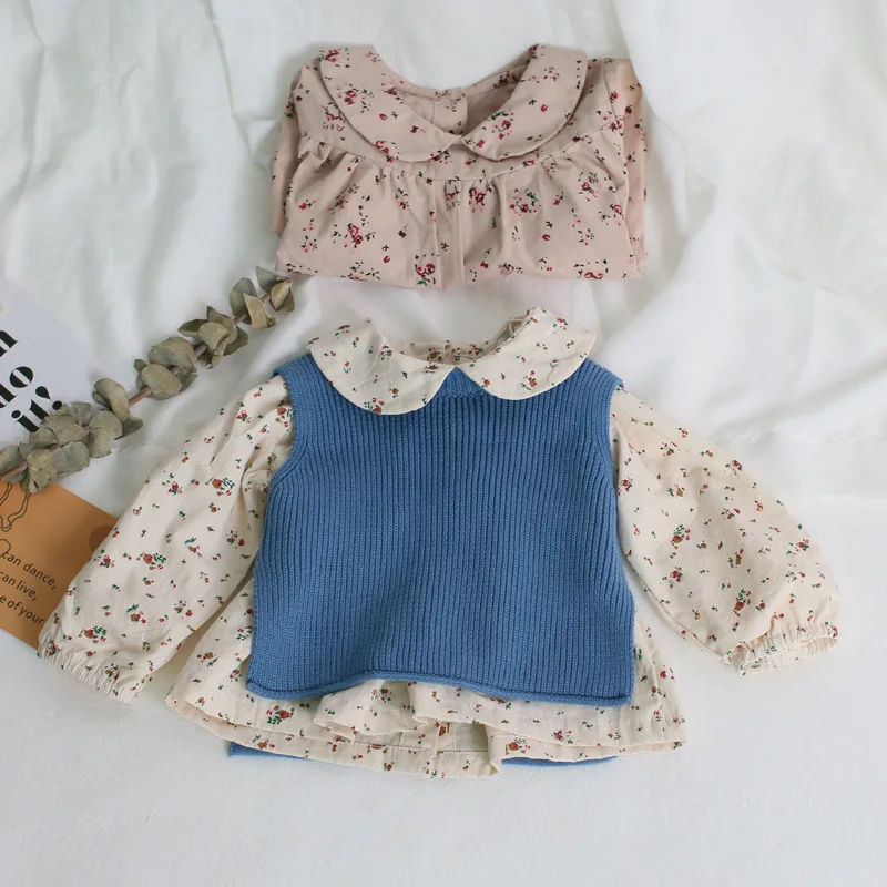 Pavasarį ir Rudenį Baby Girl Lėlės Atvartas Gėlių Raštas su Vakarų Stiliaus Top Marškinėliai bamblys mergina patenka drabužiai