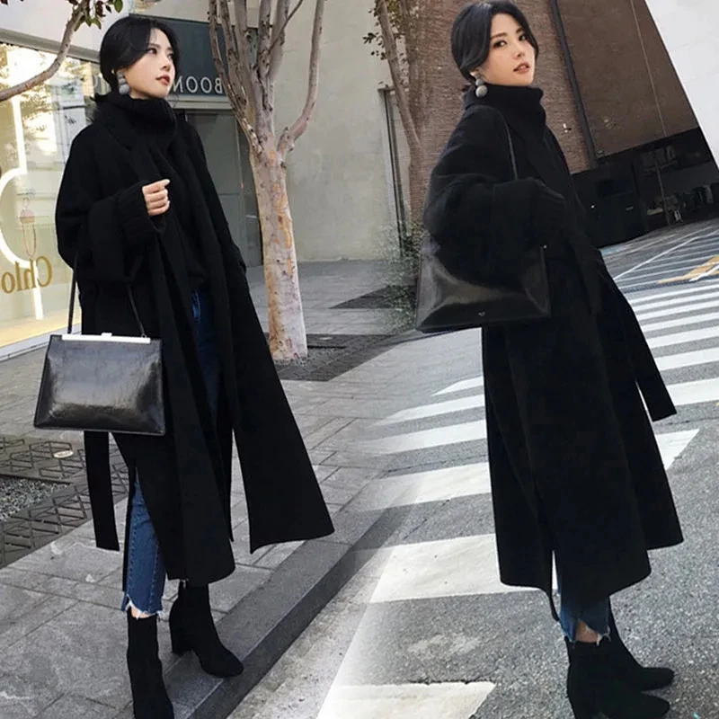 Žiemos Elegantiškas Vilnos Mišinys Moterų Korėjos Stiliaus Juodi Ilgi Paltai Derliaus Minimalistinio Vilnonis Paltas Kupranugaris Negabaritinių 2021 Drabužiai