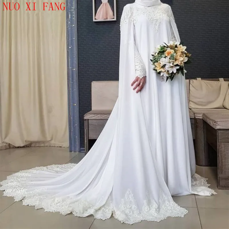 NUOXIFANG Naujas Musulmonų ilgomis Rankovėmis su Apsiaustu, Nėriniai Vestuvių Suknelės, Vestuvių Suknelė Nuotakos Suknelė Vestidos De Noiva 