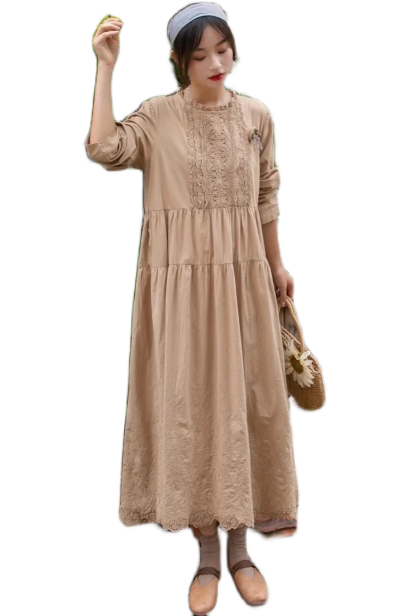 2020 m. rudenį suknelė moterims siuvinėtos medvilnės skalbiniai susiuvimo ilgas, purus suknelė