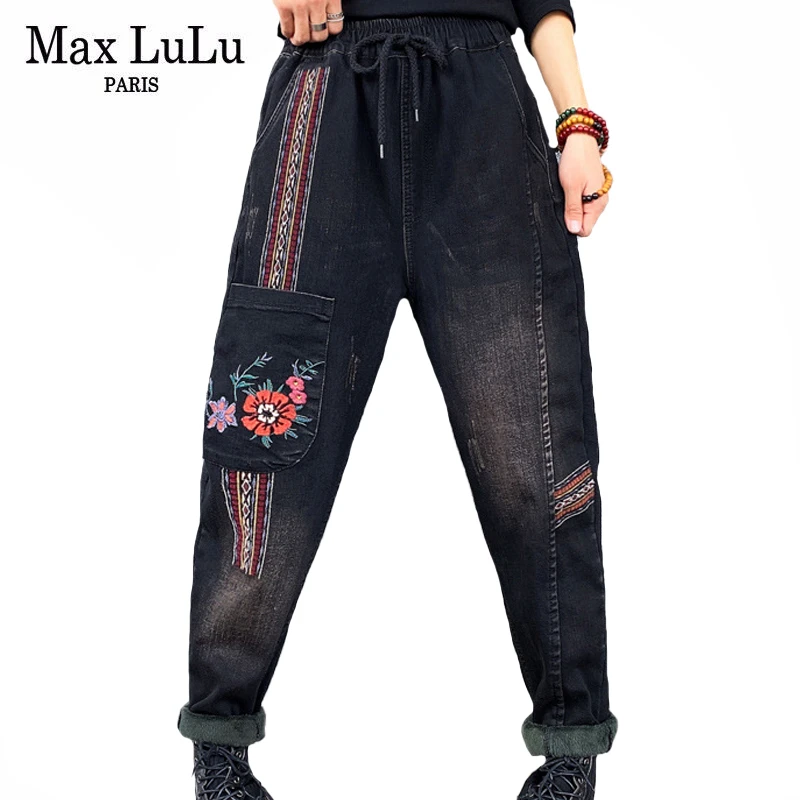 Max LuLu Naujas Kinijos Mados Stilius Moterys Derliaus Džinsinio Audinio Kelnės Ponios Palaidų Gėlių Spausdinti Džinsai, Šilti Kailiniai Negabaritinių Haremo Kelnės