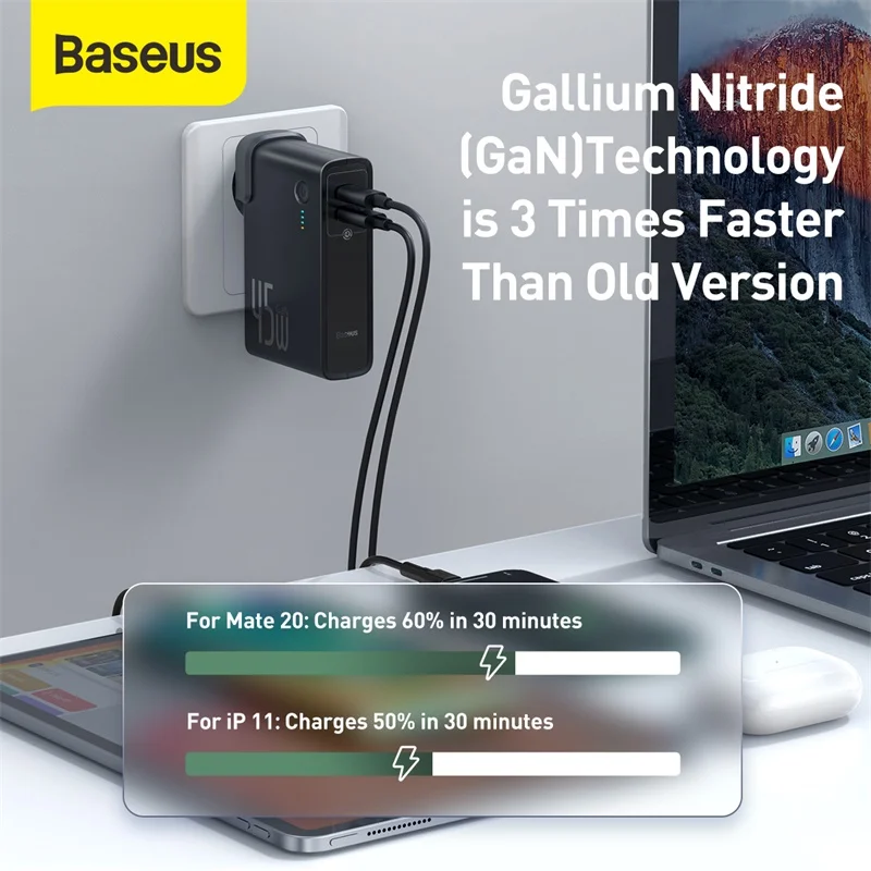 Baseus 2in1 GaN Kroviklį Power Bank 10000mAh iPad Pro Oro Tablet 45W USB C Tipo PD Greitas Įkroviklis Powerbank 