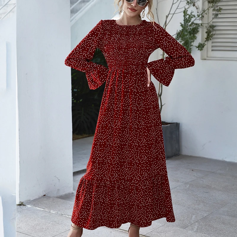 Rudens derliaus raudona suknelė vestidos drabužiai moterims 2020 Spausdinti ilgomis Rankovėmis Atspausdintas Polka Dot elegantiškas maxi-Line Suknelė moterims