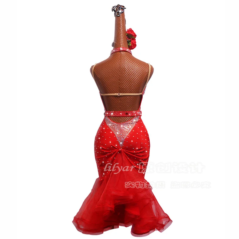 Naujas lotynų Šokių Suknelė lotynų Sijonas Konkurencijos Dress Kostiumai, Atliekanti Suknelė Blizgančių Cirkonio Raudona Fishbone sijonas Užsakymą
