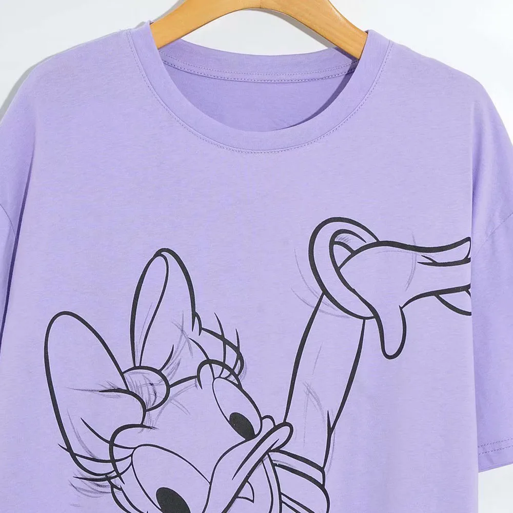 Disney Marškinėliai Harajuku Daisy Duck Animacinių Filmų Eskizai Spausdinti Trumpas Rankovės Derliaus Moterų Marškinėliai Medvilnės Korėjos Moterų Tee Viršūnes Violetinė