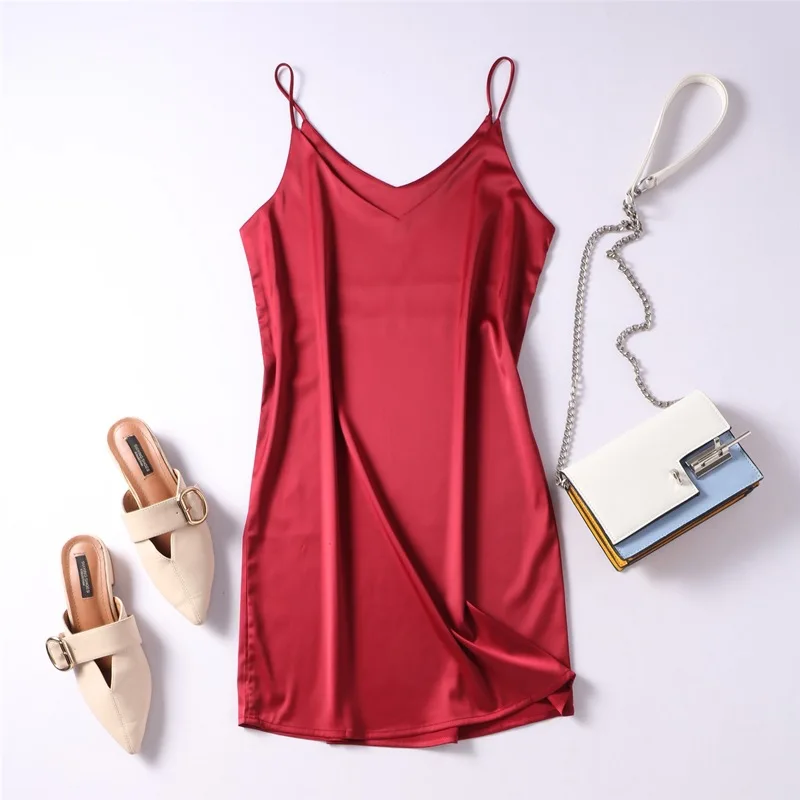 2020 Elegantiškas V-Kaklo Satino Mini Suknelė Moterims Vasaros Seksualus Sundress Moterų Dirbtiniais Šilko Suknelės, Raudonos, Žalios Juoda Plius Dydis Vestido Mujer